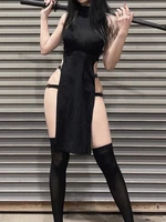 insdoit gothic clothes black summer dress women streetwear sleeveless cut out split sexy dress bodycon elegant party club dress