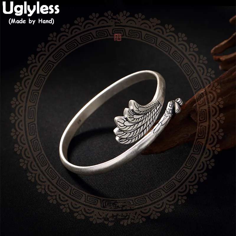 

Uglyless Real 990 Silver Fine Jewelry Handmade Vintage Pheonix Bangles for Women Thai Silver Bangle Vintage Totem Peacock Bijoux