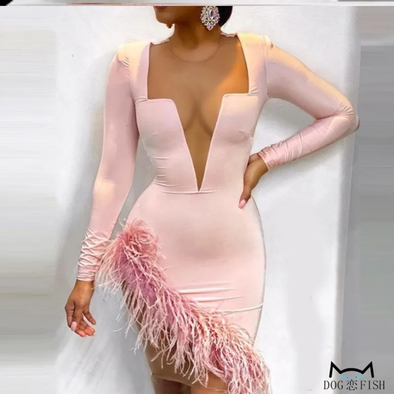 

Pink party dress women2022 new sexy feather stitching fashion irregular party mini dress women