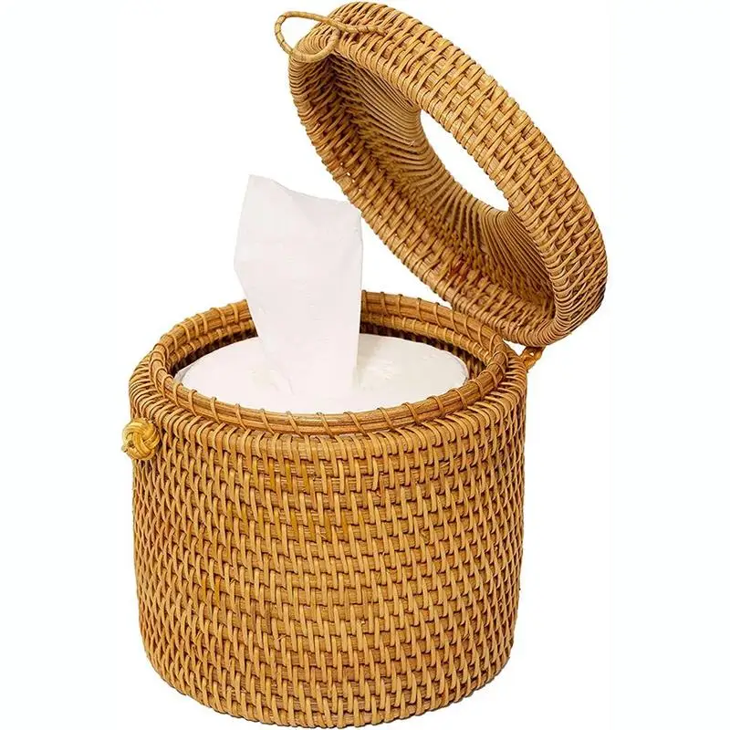 

Round Rattan Tissue Box Vine Roll Holder Toilet Paper Cover Dispenser For Bathroom Home Hotel Office