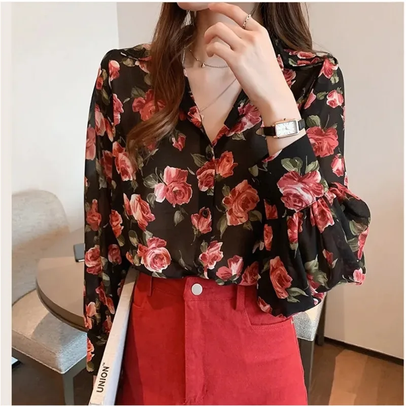 

Blouses Women Spring Summer Vintage Loose Flowers Crop Top Long Sleeve Chiffon Shirt Blusas Cardigan Ropa De Mujer Chemise Femme