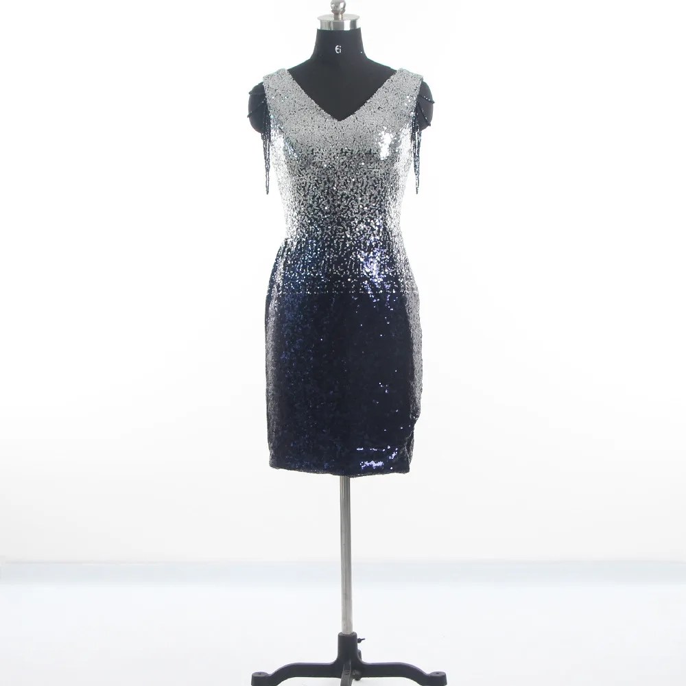 

Prom Dresses Gradient Navy Blue Sequins Mermaid Above Knee Beading V-neck Sleeveless Plus size Women Party Dress 2022 C161