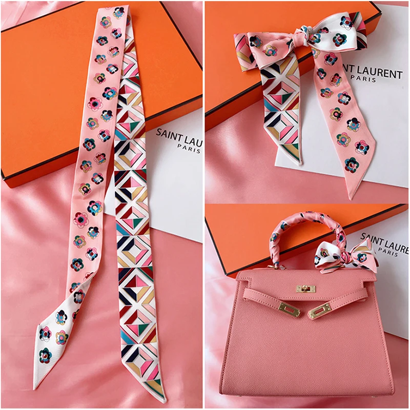 

2023 Spring border New Geometric Diamond Small Flowers Women's Decorative Small Silk Scarf Bundle Bag Handle Ribbon Small Scarf