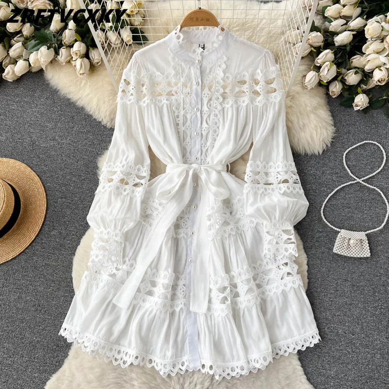 Luxury Embroidery Hollow Out Stitching Short Dress Women's Long Lantern Sleeve Lace Trims Lace-Up Belt Party Mini Dresses Female