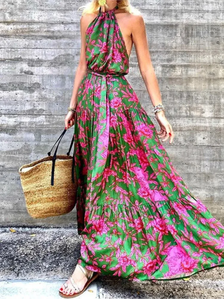 

Floral Print Maxi Dress Women Summer 2023 New Fashion Sexy Helterneck Sleeveless Tip Up Nipped Waist Beach Party Evening Dresses