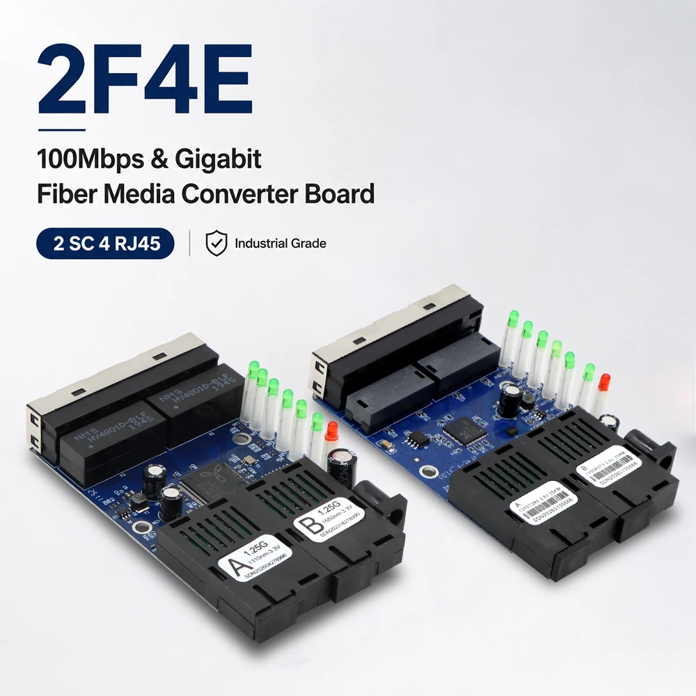 Фото Промышленная плата медиаконвертера 2F4E, 2 SC на 4 RJ45, гигабитный трансивер 100 Мбит/с, одномодовый, BIDI, для систем безопасности и видеонаблюдения №1