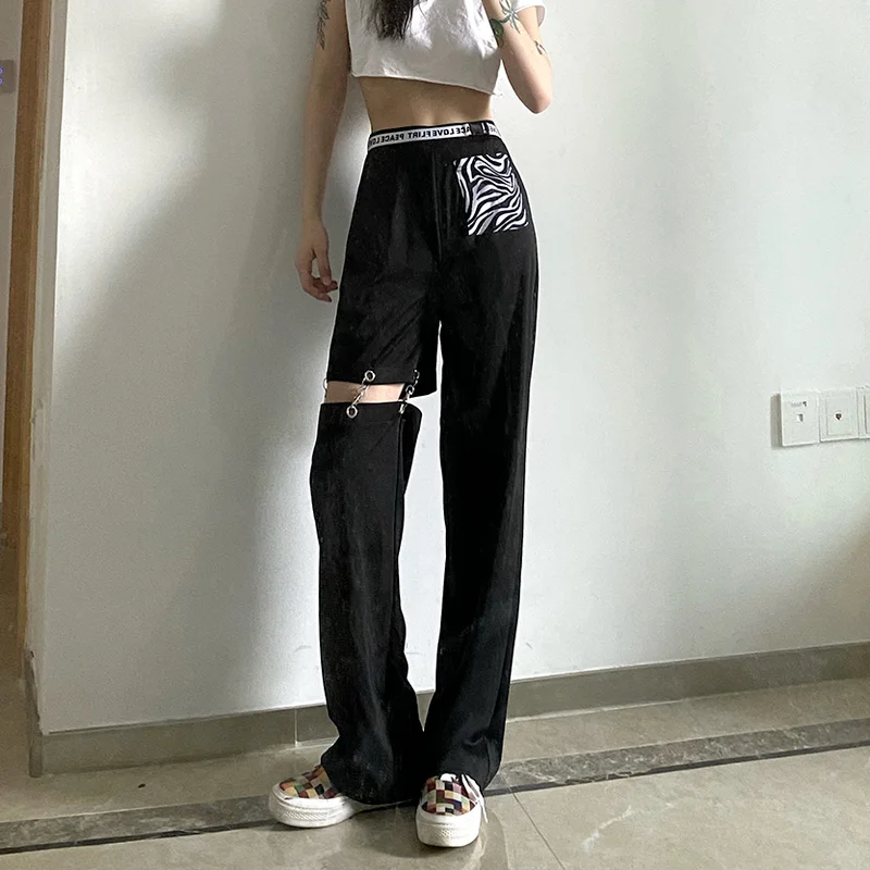 

Women Summer and Autumn New High Waist Loose Wild 2021 Womens Pants Fashion Casual High Street Cool Black Wide Leg Pants