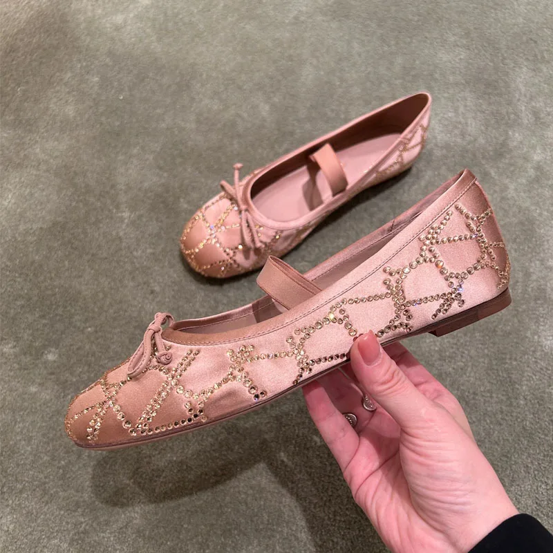 

2023 European and American Autumn New Women's Bow Ballet Flat Shoes with Flat Heels Shallow Rhinestone Shoes