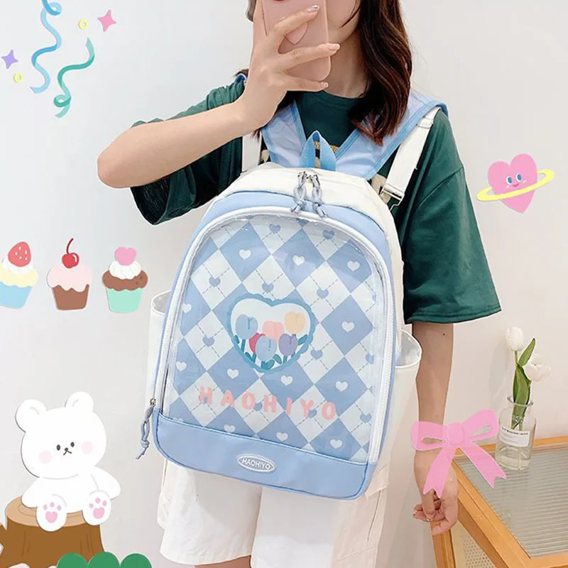 

Kawaii Ita Backpack for Pin Display Women Cute Transparent 15.6 Inch School Backpack with Clear Window Ita Bag with Insert Plate