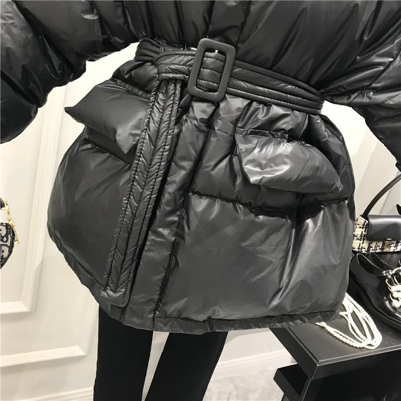 Female Thick Winter Puffer Coat Warm Parka Coat Collar Collar Bubble Coat Korean Cotton Button Down Jacket with Belt Coat Green