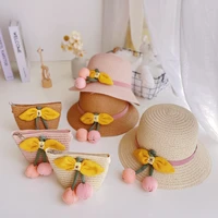 2022 summer bow straw hat for baby girls kid cute pompom tassel sun hat handbag outdoor travel portable sunscreen panama cap bag