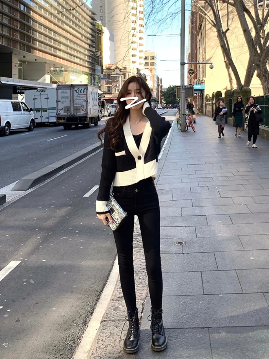 Вязаный кардиган контрастного цвета для женщин поздняя осень ранняя зима