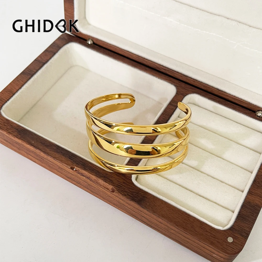 

GHIDBK Free Tarnish Stainless Steel Solid Gold Pvd Plated Three Layer Wide Cuff Bracelet Bangle Minimalist Flat Band Cuffs