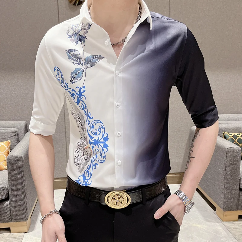 

Fashion Style Gradually Color Short Sleeve Shirt Men Summer New High-quality Trend Print Handsome Quick Dry Shirts Man
