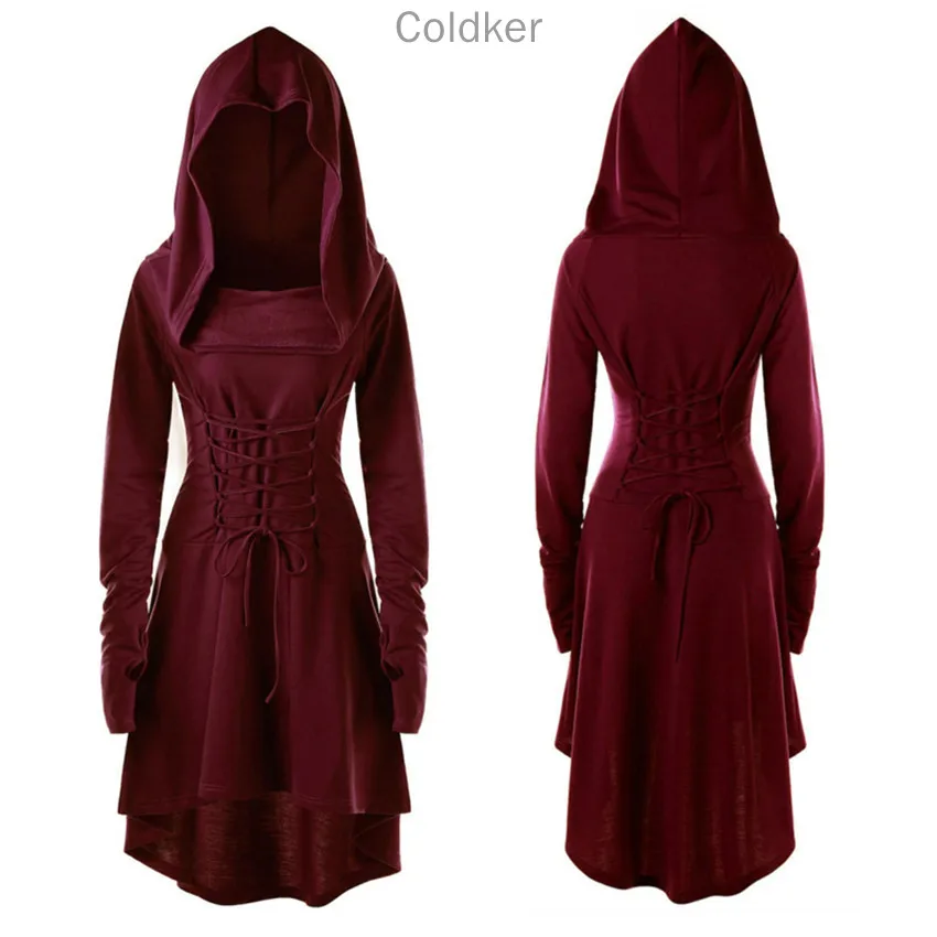 

29Medieval Costume Women Lace Up Hooded High Low Dress Girls Victorian Casual Hoodies Jacket Coat