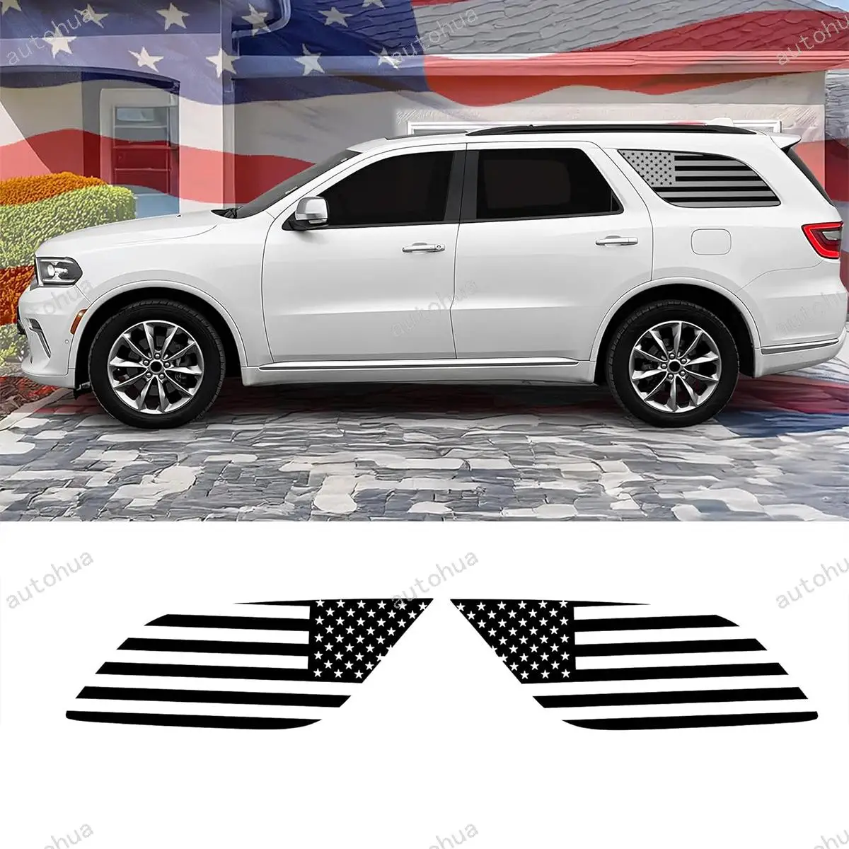 Фото Наклейки на задние боковые окна с американским флагом для Dodge Durango 2014-2025, матовый черный цвет, 2 шт. №1