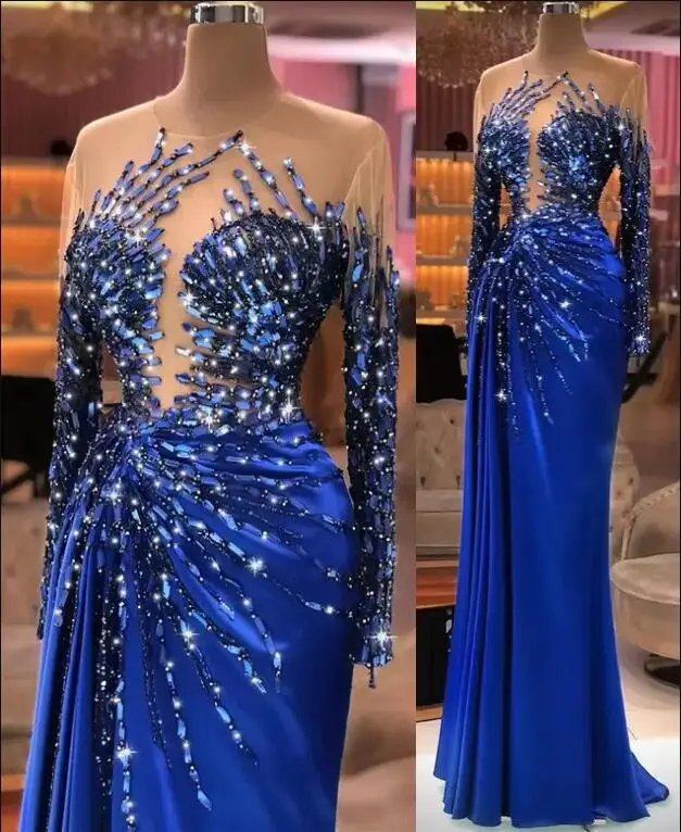 

Arabic Aso Ebi Royal Blue Luxurious Prom Dresses long sleeve Beaded Crystals Sheer Neck Evening Second Reception Gown
