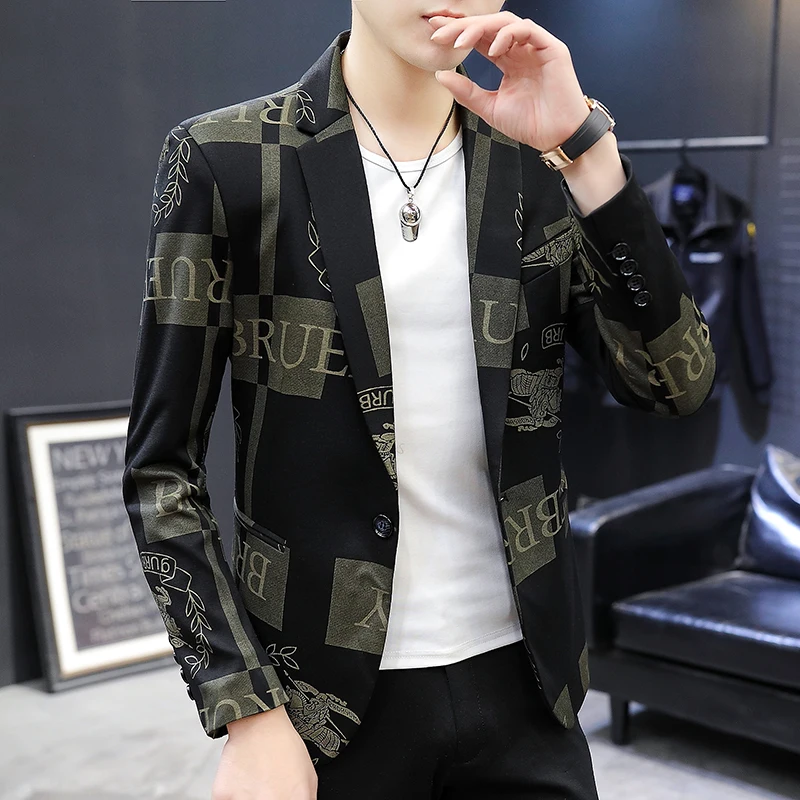 

Men's Spring and Autumn New Casual Slim One Piece Single Breasted Small Suit Long Sleeve Jacket Letter Printing Plus Size M-5XL