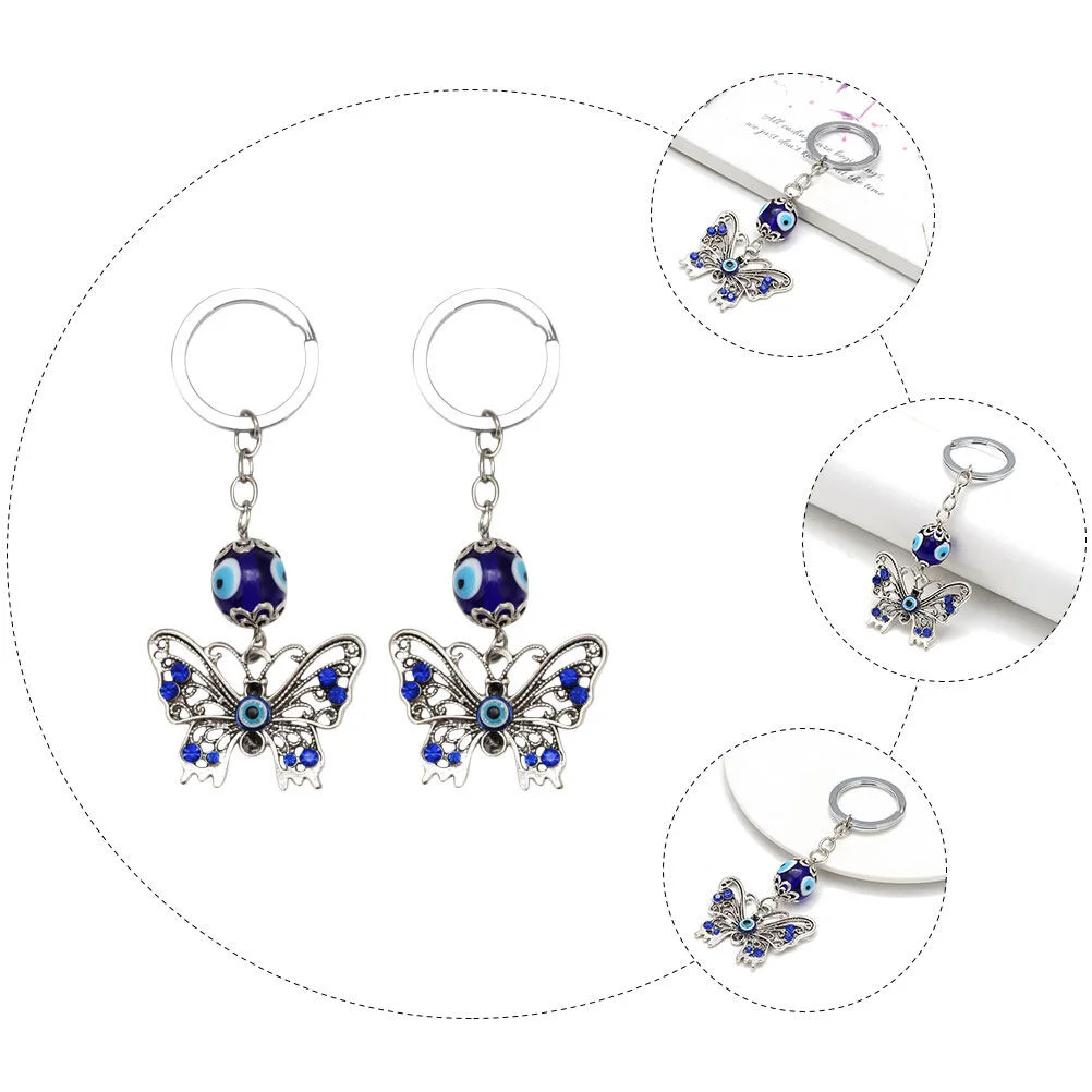 2 Pcs Key Chain Keychain Adorns Keychains Car Keys Butterflies Decors Fashion Ring Hangings Blue Pendants Bag Evil Eye Keyrings