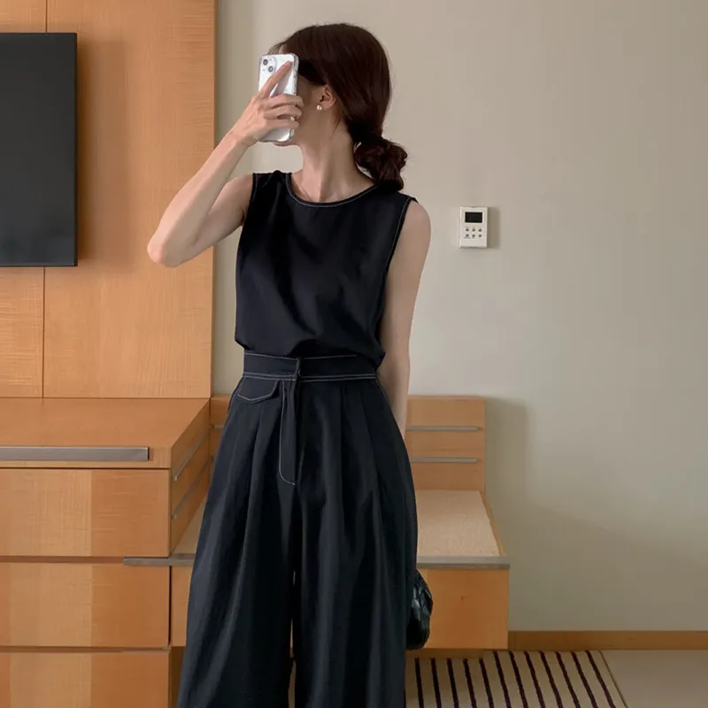 

Summer Outfits Pant Sets Vintage Korean Style 2pcs Sleeveless Vest Tops + Wide Leg Trousers Casual 2 Two Piece Set for Women