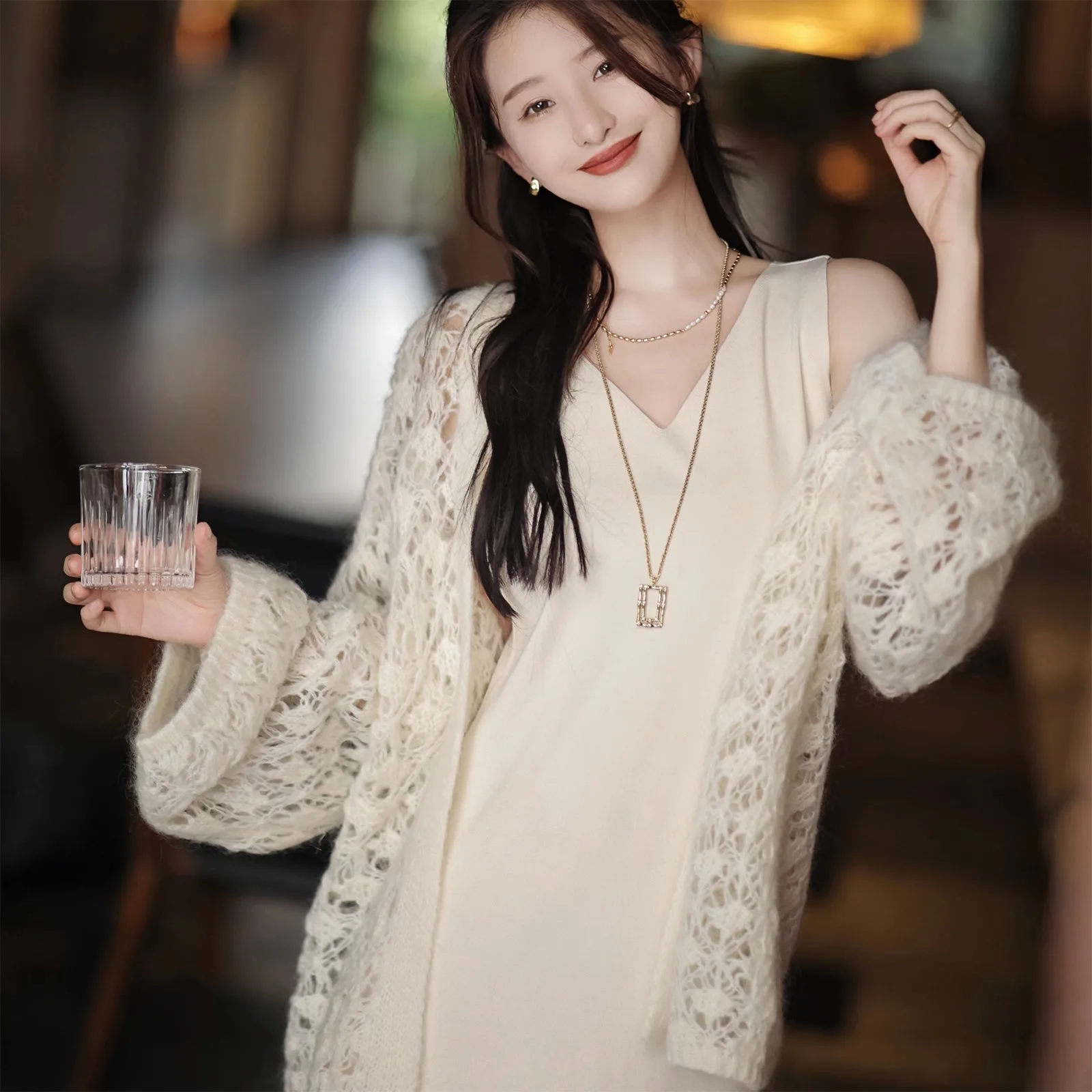 

Вязаный кардиган с длинными рукавами и V-образным вырезом, свитер, модная женская одежда, весна-осень 2023