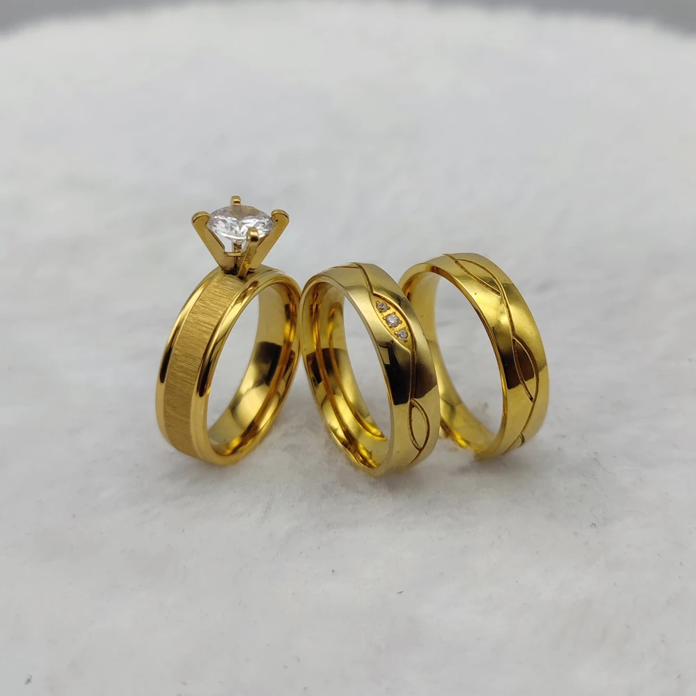 Designer Brand Vintage Stainless Steel Jewelry Gold Plated Cz Diamond Bridal Sets Promise Engagement Wedding Rings Couples