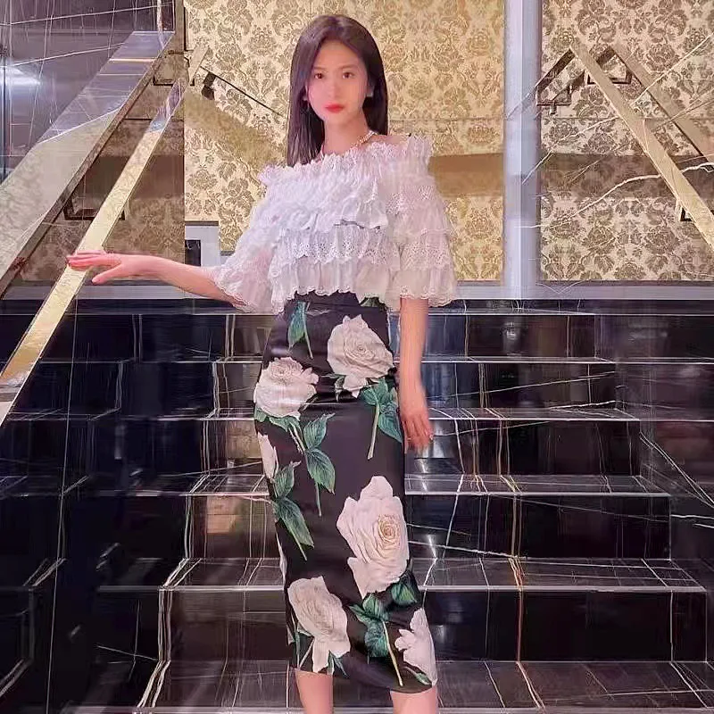 

Pack Hip Midi Skirt Women's Double Layer Heavy Silk Rose Print Skirt High Waist Skirt 2022 Summer Vacation