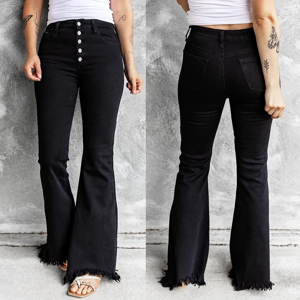 

Jeans Women Autumn Black Multi-Button Trousers Bootcut Trousers Stretch Jeans Women