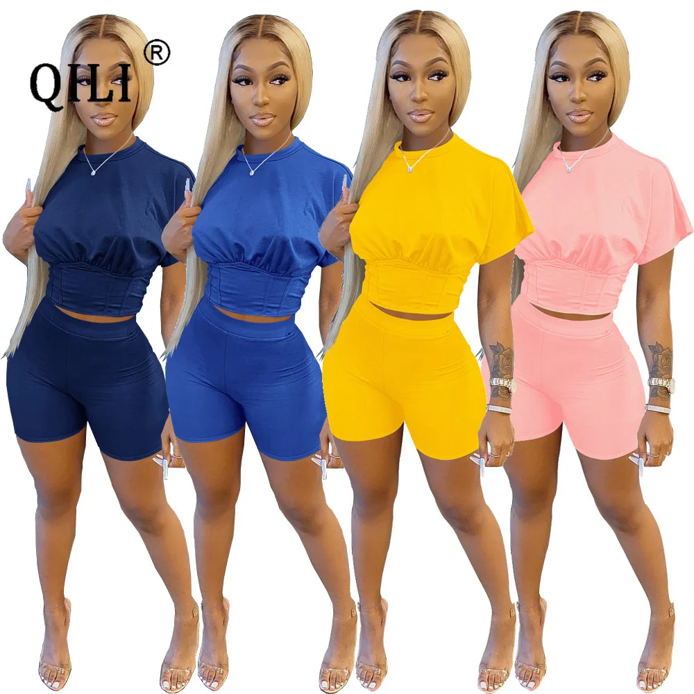 

QILI Womens Sets Two Piece Matching White Black Blue Biker Casual Outfits Women 2 Piece Set Shrink Waist Top + Shorts