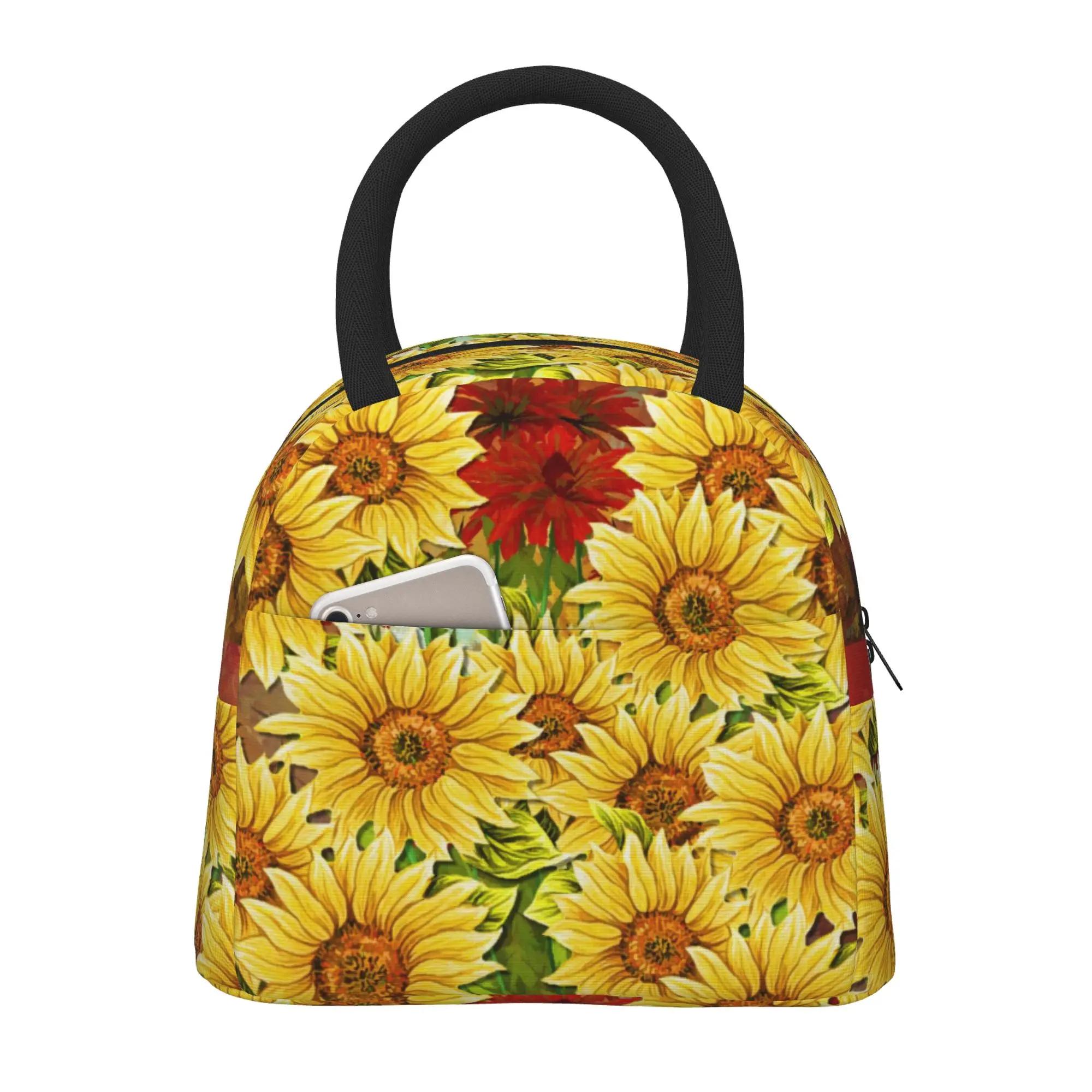 

Подсолнухи и красный цветок, сумка для ланча, изолированная многофункциональная сумка-тоут для ланча, многоразовая Термосумка-холодильник