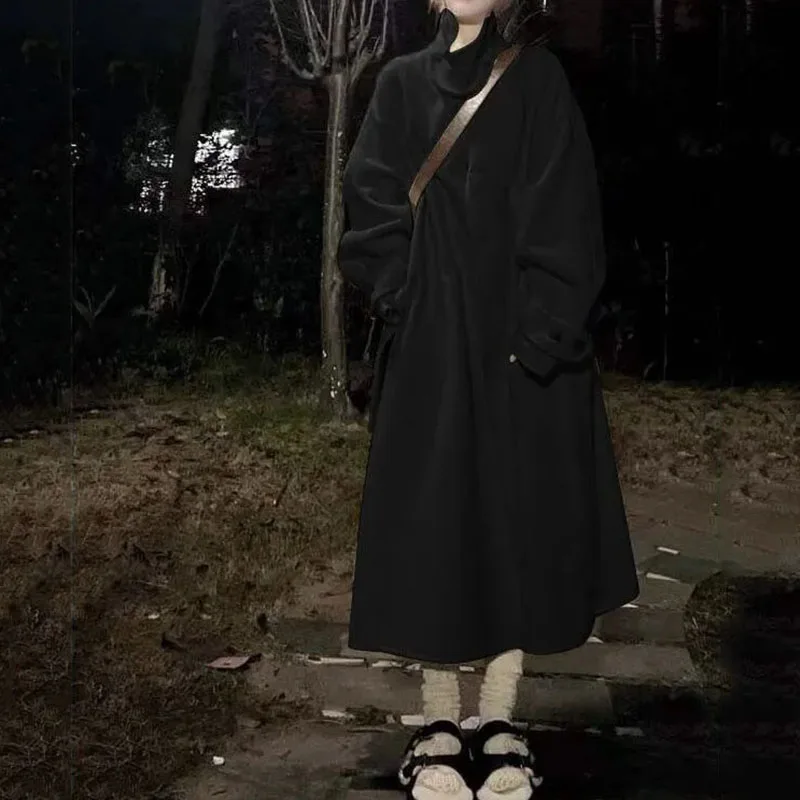 Женское длинное шерстяное пальто выше колена свободное однотонное модный тренд