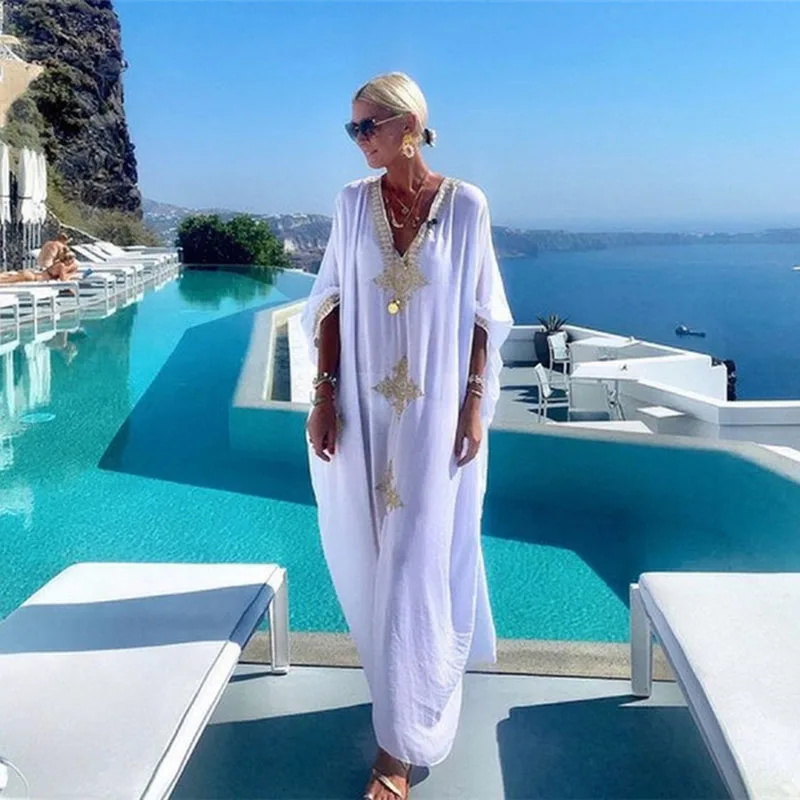 

Elegan Emas Bordir Kaftan Retro V-neck Gaun Putih Ukuran Pakaian Wanita Musim Panas Pantai Memakai Pakaian Renang Penutup