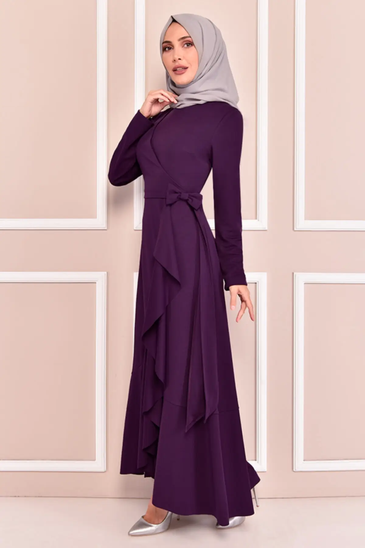 Платье с поясом, фиолетовый цвет, модель Kbr70302 одежда для хиджаба