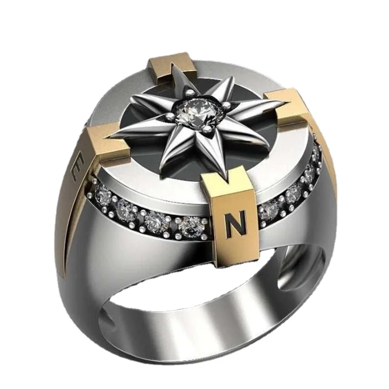 

New Vintage Tow Tone Legend Nautical Compass Rings For Men White CZ Stone Inlay Punk Fashion Jewelry Party Gift Viking Ring