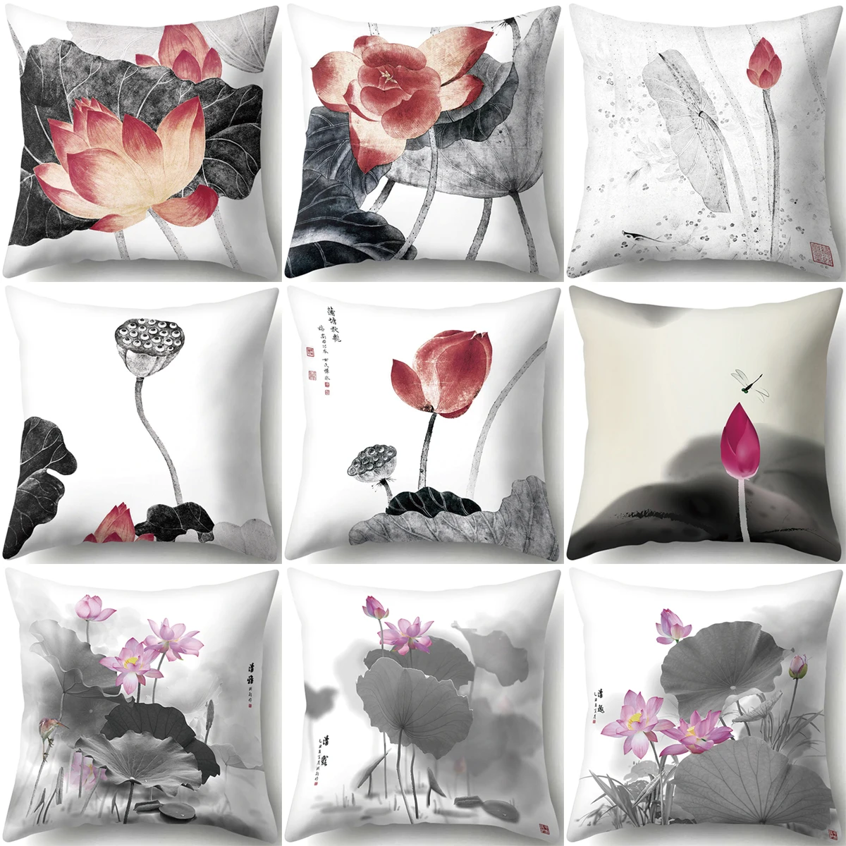 

ZHENHE Ink Painting Lotus Pictures Pillow Case Home Decoration Cushion Cover Bedroom Sofa Decor Pillow Cover 18x18 Inch