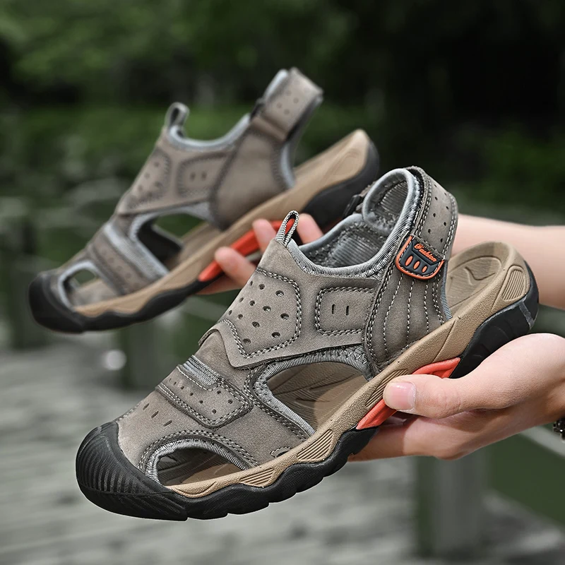 

Boy Genuine Leather Men's Sandals Summer 2023 New Outdoor Anti-Collision Toe Hiking Travel Casual Shoes for Men Big Size 38-46
