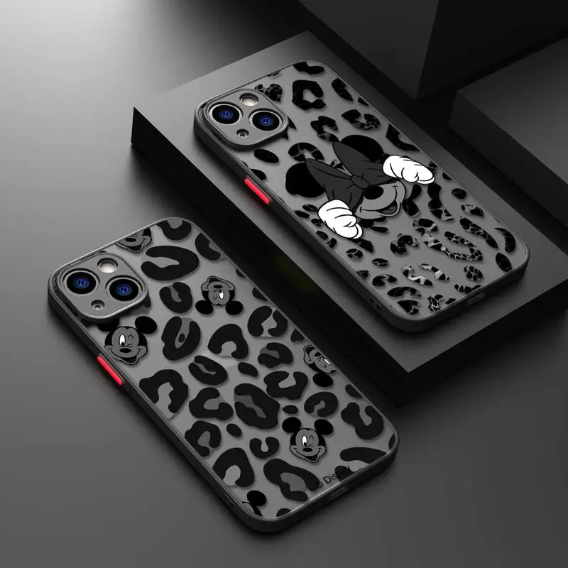 

Cute Minnie Panther Mickey Mouse Leopard Matte Case For iphone 14 13 12 Mini 11 Pro XR X XS MAX ８７６6S Plus SE2020 SE2022 Cover
