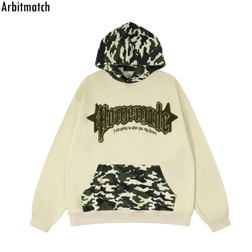 

Fall Winter Sweatshirt Pullover Men Camouflage Patchwork Embroidered Letters Hoodie Mens Sweatshirt Hooded Gothic Sweatshirt