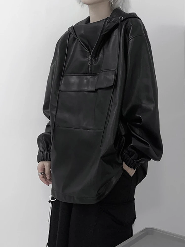 

SONNEESD Streetwear Vintage Harajuku Zipper Pocket PU Pullovers Sweatshirts Full Sleeve Hooded Tooling Oversized Sweatshirt