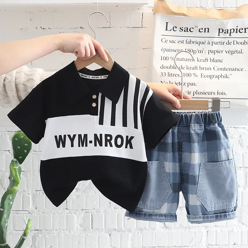 

2022 Summer Child Clothing Sets Boy Clothes Short Sleeve Lapel Striped T Shirt Denim Shorts Baby Outfits Toddler Kids Tracksuit