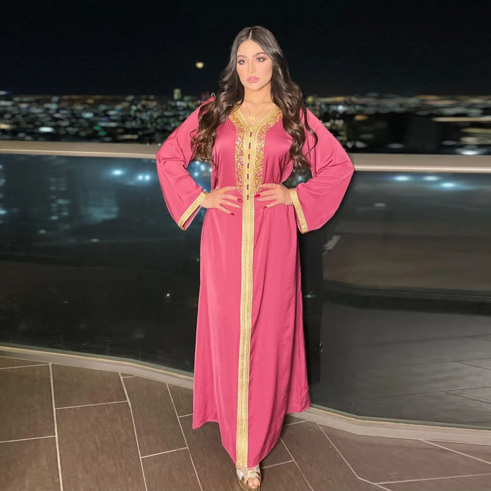 

Рамадан Eid Moubarak Розовая атласная Abaya Женская длинная мусульманская одежда для хиджаба