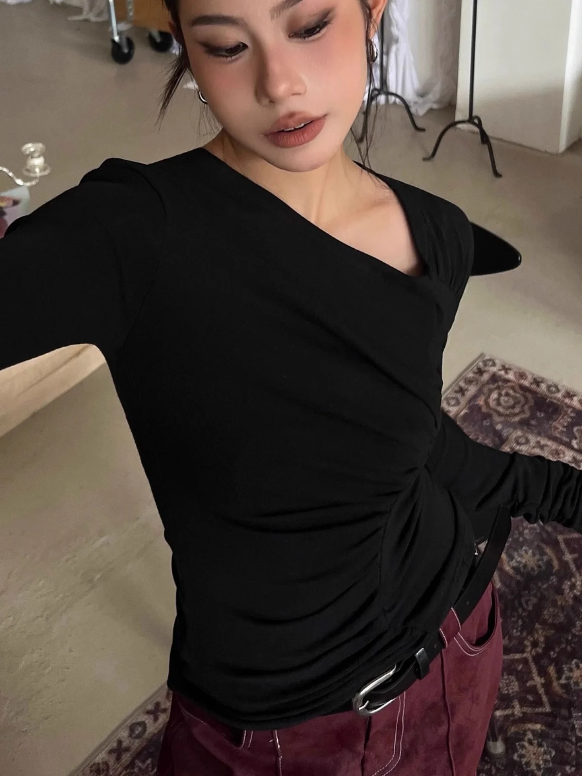 Ранняя осень новый дизайн рубашка с длинными рукавами женская нерегулярными