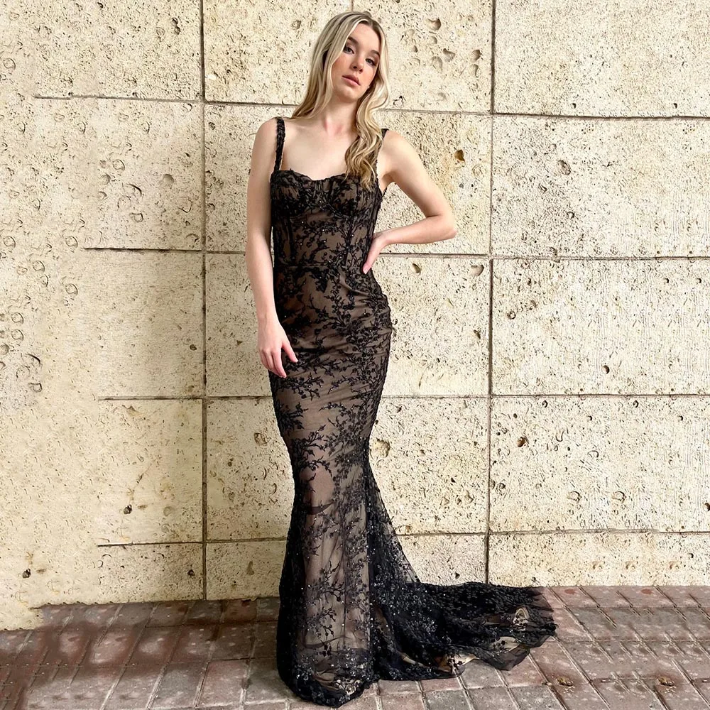 

Sexy Mermaid Black Lace Prom Dresses Beaded Spaghetti Straps Backless Evening Party Gowns Vestidos De Fiesta Floor Length