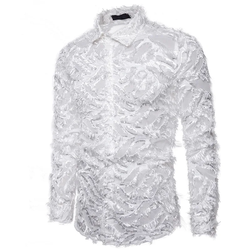 Mattswag New Fashion See Through Feather Shirt Sexy Lace Long Sleeve Nightclub Party Stage Shirts Slim Fit Stylish Camisa Hombre
