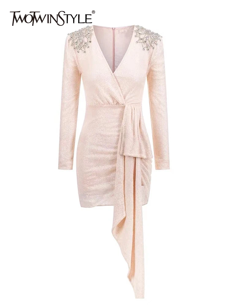 

Twotwin2 стильное сексуальное платье для женщин с v-образным вырезом и длинным рукавом с высокой талией, лоскутное мини-платье с пайетками, женс...