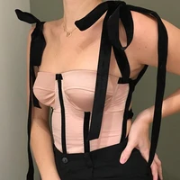 womens sexy off shoulder monochromatic suspenders slim fit vest tops fashion pink black sleeveless bandage t shirt y2k tops