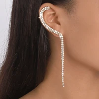 luxury shiny crystal rhinestone long tassel ear cuff pierced clip earrings for women bride korean trend aesthetic wed jewelry