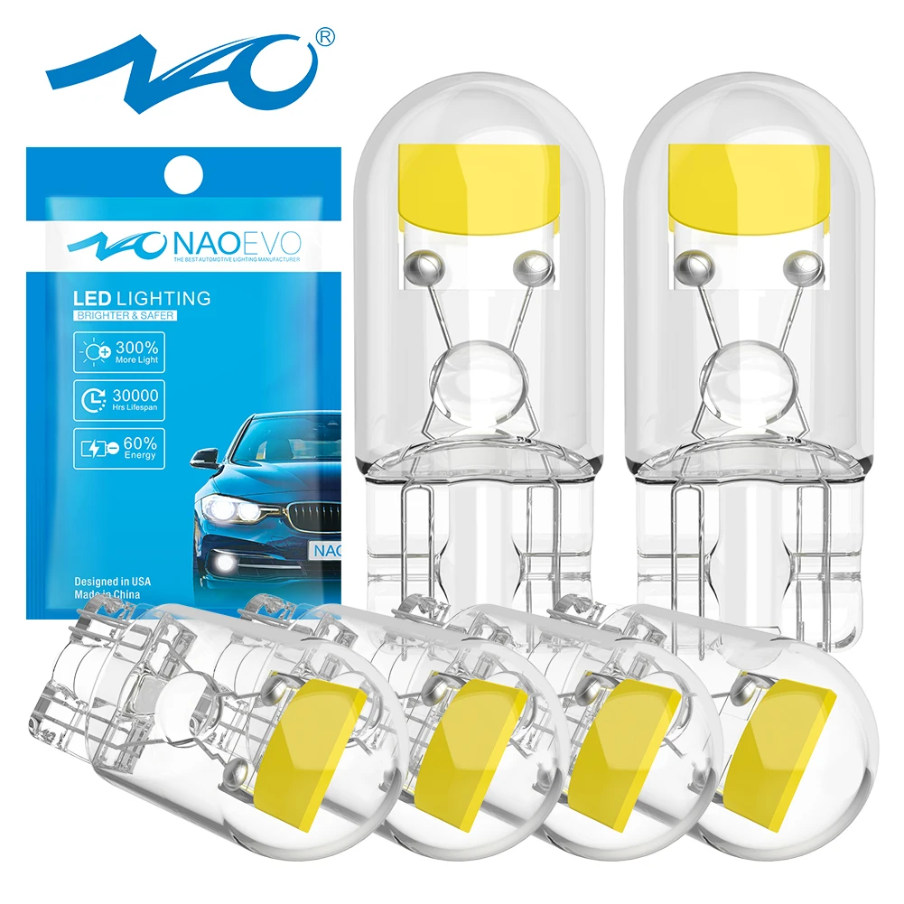 NAO 2/6x T10 W5W Светодиодный индикатор для автомобиля 12V 5W5 6500K COB стекло авто внутренняя