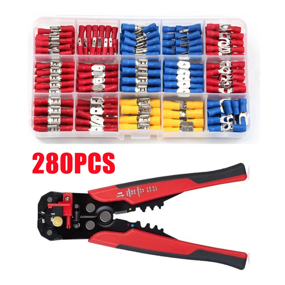 

280PCS Assorted Crimp Spade Wire Connector Spade Terminals Insulated Electrical Cable Connector Butt Ring Fork Ring Lugs + Plier