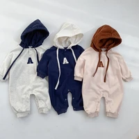 2022 autumn new boy infant hooded long sleeve romper girl baby embroidery letter jumpsuit kid cotton outdoor casual one piece
